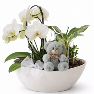 Composition florale spéciale baptême – Orchidée blanche et plantes